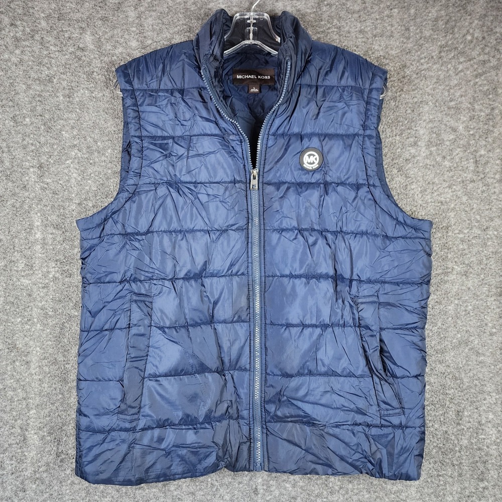 Michael Kors Puffer Vest Mens Large Navy Blue Quilted Full Zip Logo Gilet